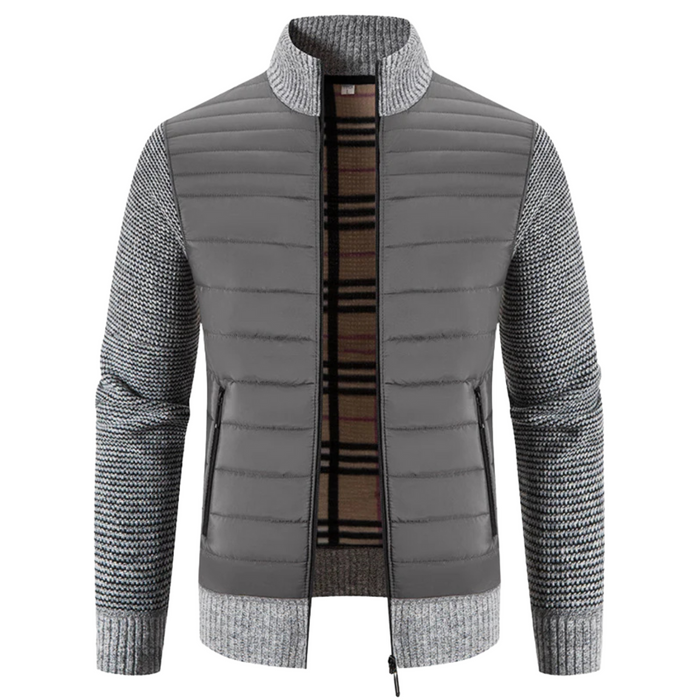 Men's Quilted Hybrid Jacket with Knit Sleeves and Stand Collar