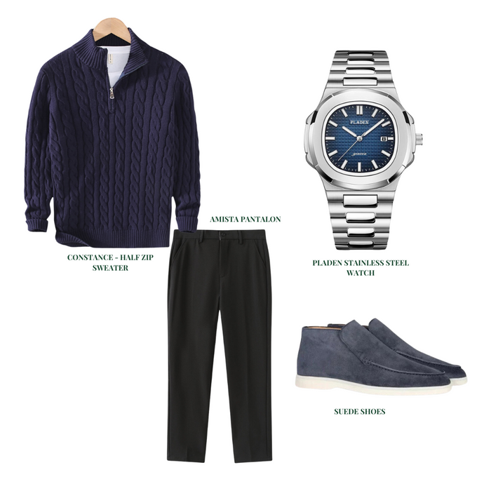 Men's Half-Zip Cable-Knit Sweater with Tailored Pants
