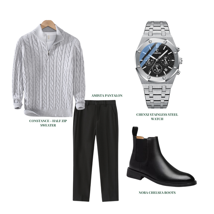 Men's Cable Knit Half-Zip Sweater Stretch Pants Chelsea Boots Watch Bundle