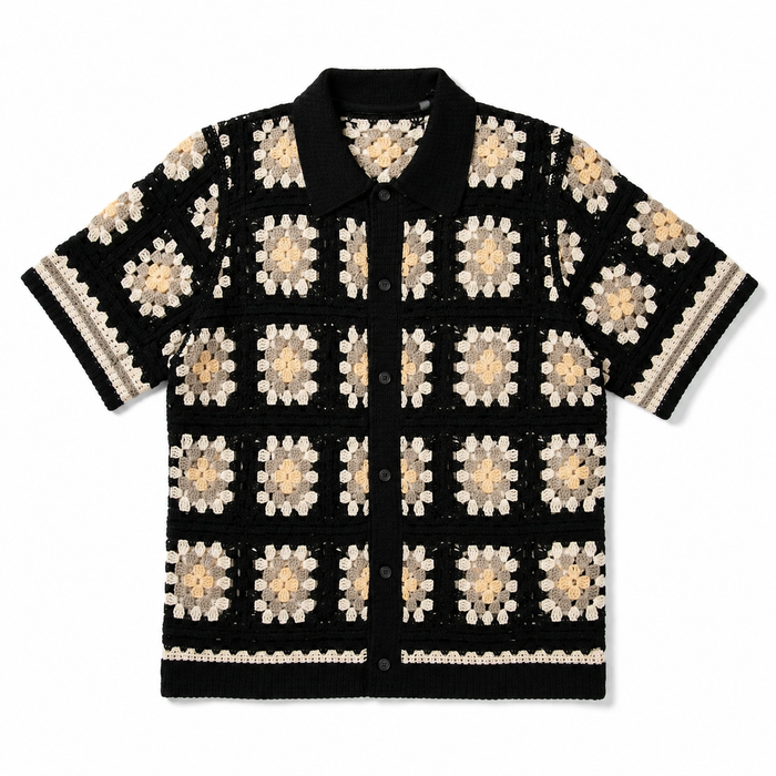 Men's Granny Square Button-Up Shirt Short Sleeve