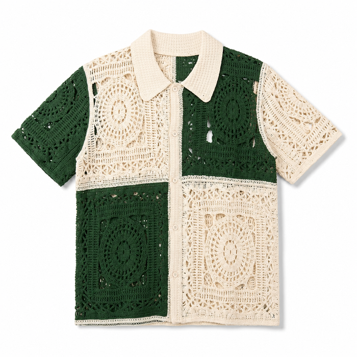 Men's Colorblock Crochet Shirt Button-Front Short Sleeve