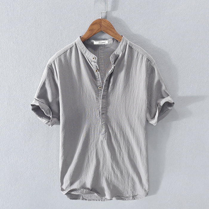 Men's Collarless Shirt Short Sleeve Button-Front