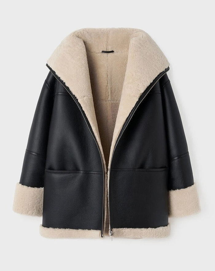 Women's Shearling-Lined Aviator Jacket with Zip Front