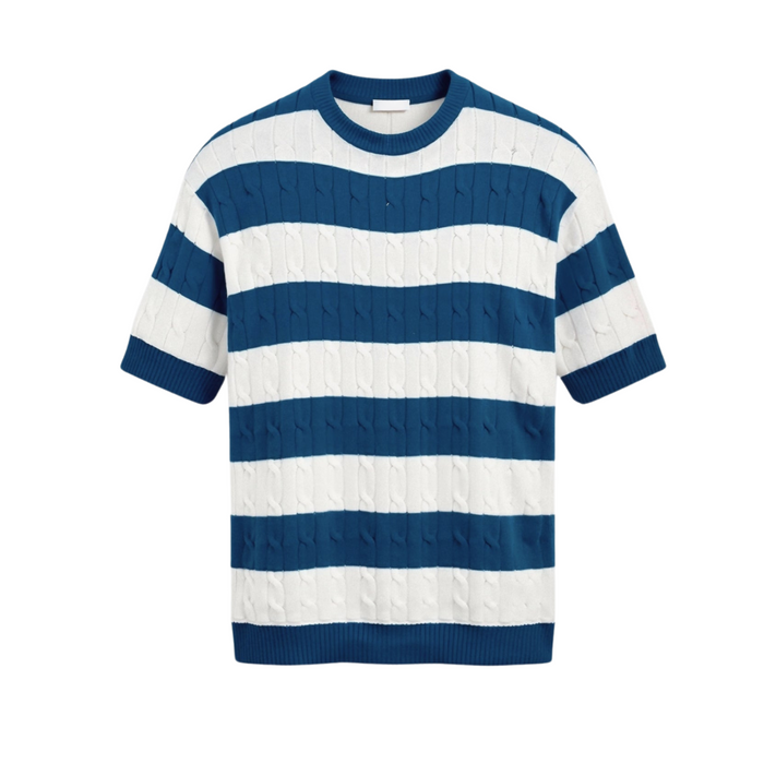 Men's Cable Knit Striped Crew Neck T-Shirt Short Sleeve
