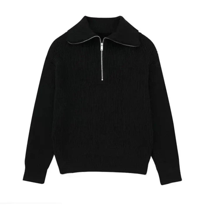 Women's Striped Half-Zip Sweater with Ribbed Knit