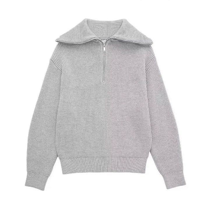 Women's Striped Half-Zip Sweater with Ribbed Knit