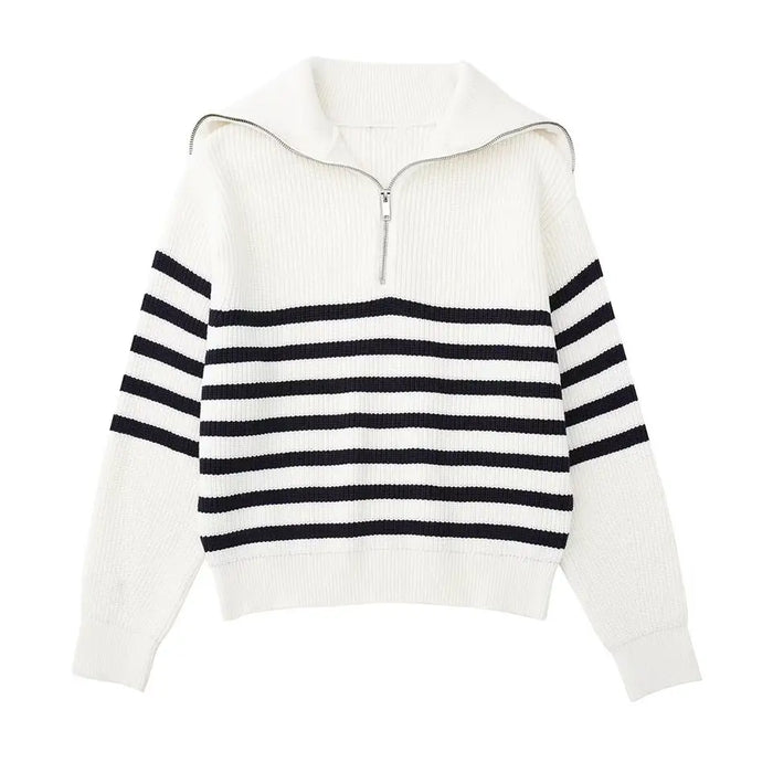 Women's Striped Half-Zip Sweater with Ribbed Knit