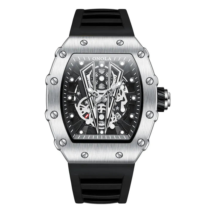 Men's Skeleton Dial Watch with Rubber Strap Quartz Movement