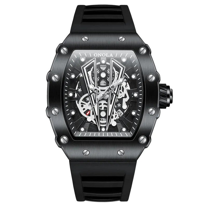 Men's Skeleton Dial Watch with Rubber Strap Quartz Movement