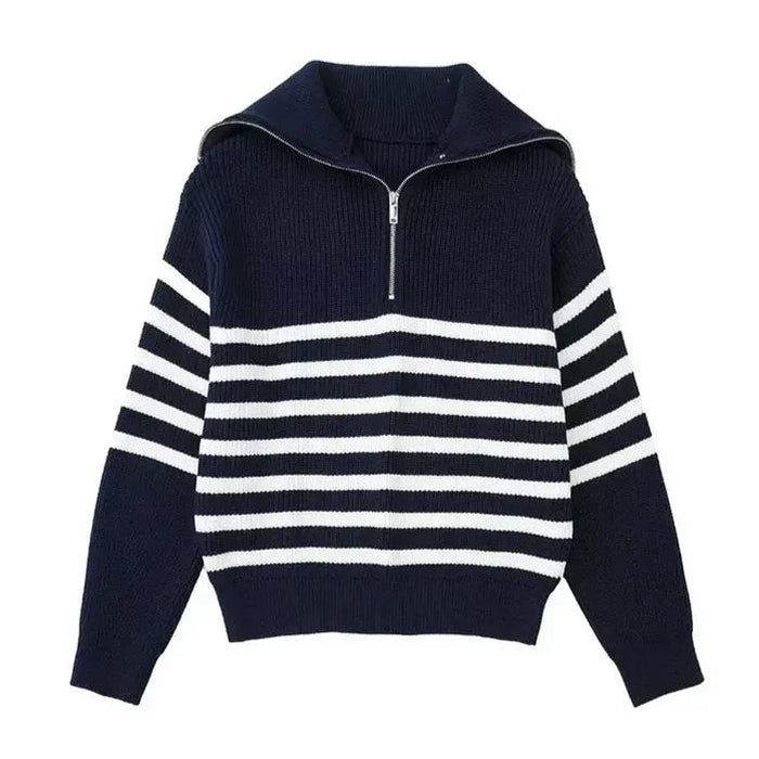 Women's Striped Half-Zip Sweater with Ribbed Knit