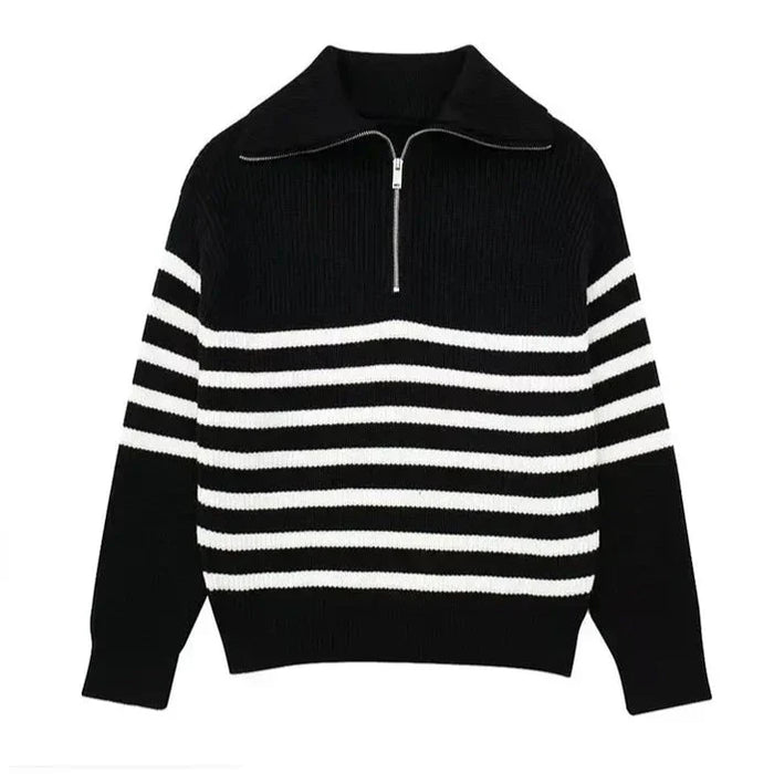 Women's Striped Half-Zip Sweater with Ribbed Knit