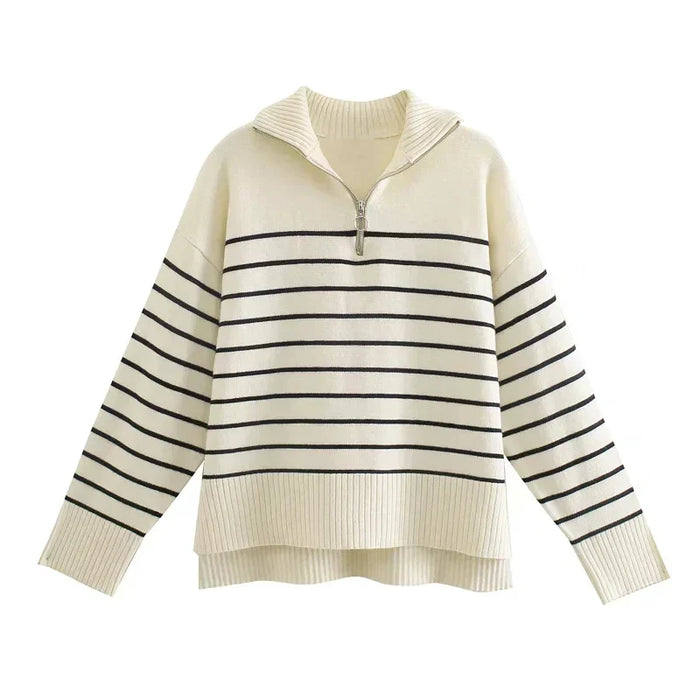 Women's Striped Half-Zip Sweater with Ribbed Collar