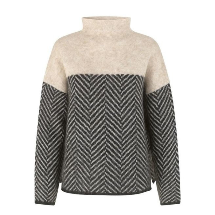 Women's Colorblock High Neck Sweater with Herringbone Pattern