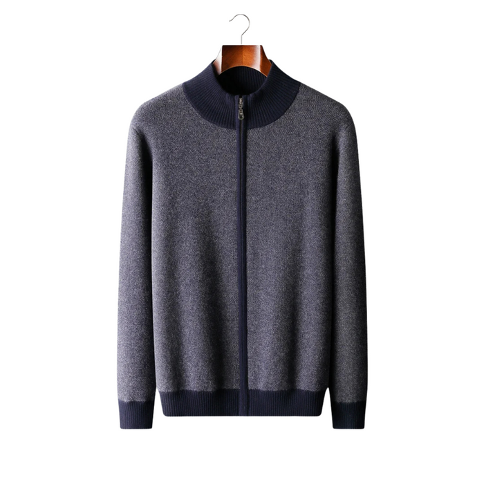 Men's Zip Cardigan with Stand Collar and Ribbed Trim