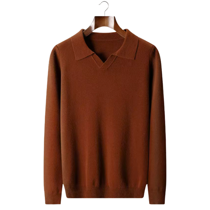Men's Collared V-Neck Sweater with Ribbed Knit Detail