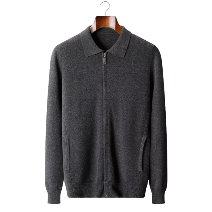 Men's Collared Zip-Up Cardigan with Ribbed Detail