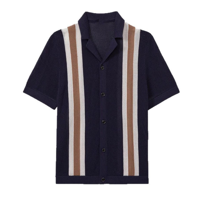 Men's Striped Short Sleeve Knit Shirt Button Front