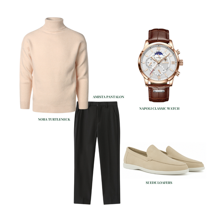 Men's Turtleneck Sweater Stretch Trousers Loafers Watch Set