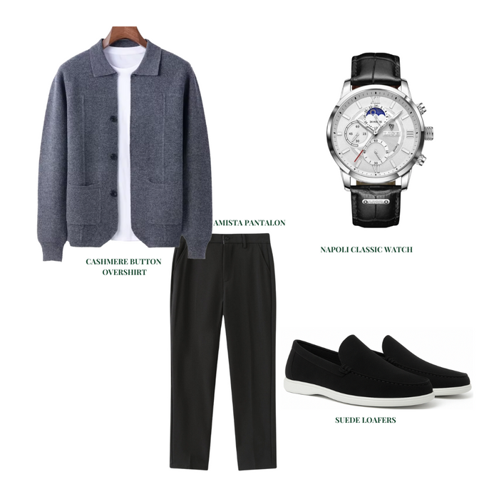 Men's Button Overshirt Loafers Watch Outfit Set