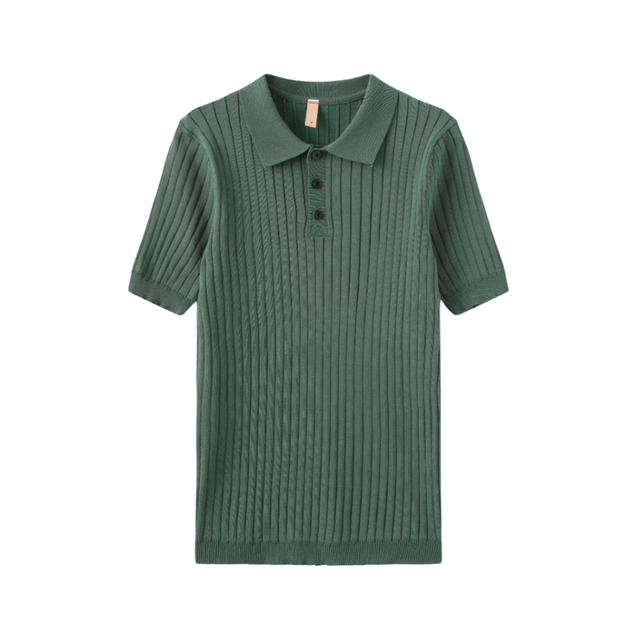 Men's Ribbed Polo Shirt with Button Placket Short Sleeve