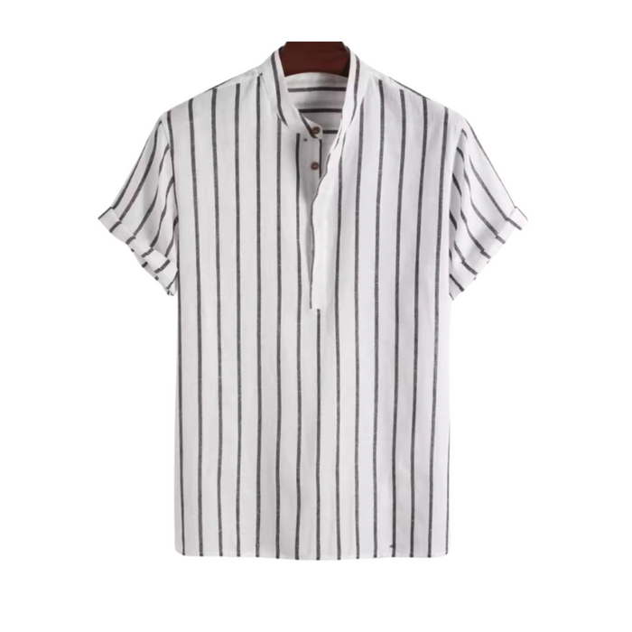 Men's Striped Short Sleeve Shirt with Mandarin Collar