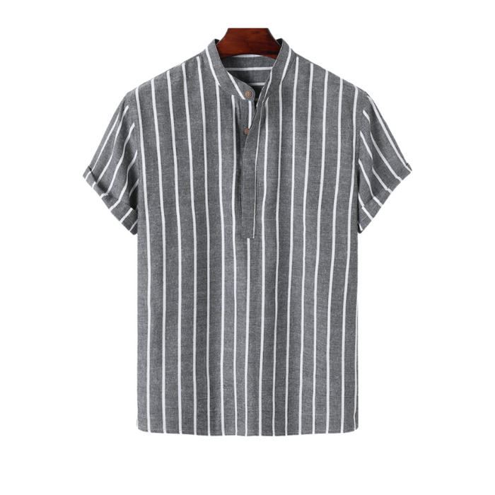 Men's Striped Short Sleeve Shirt with Mandarin Collar