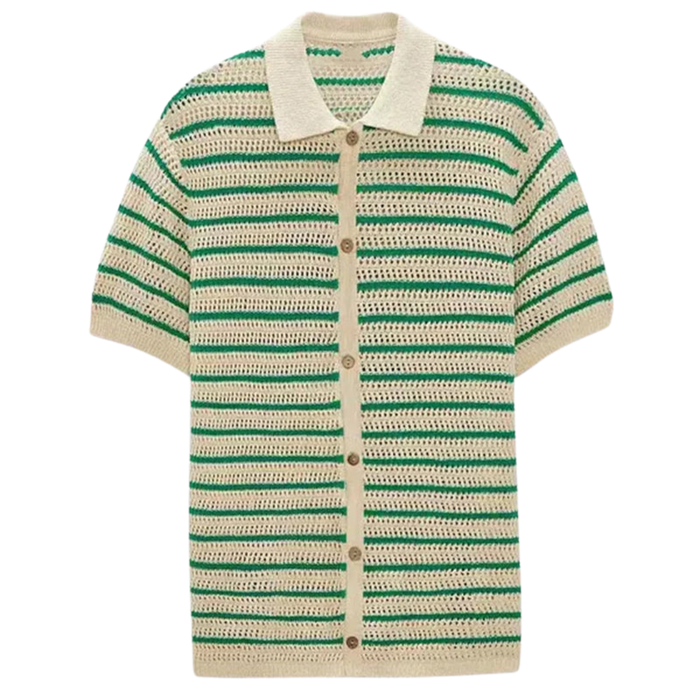 Men's Striped Button-Down Shirt Short Sleeve Collar