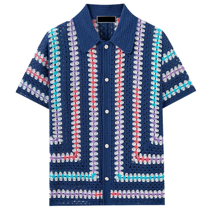 Men's Striped Mesh Knit Shirt Button-Front Short Sleeve
