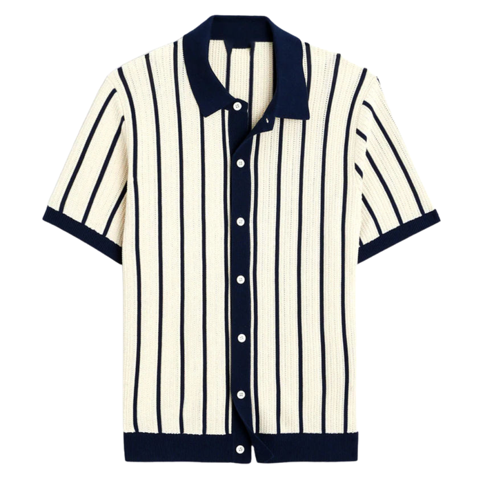 Men's Striped Knit Polo Shirt Short Sleeve Button Front