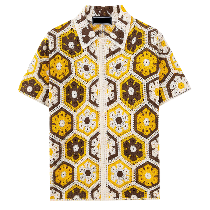 Men's Geometric Short Sleeve Button-Up Shirt Camp Collar