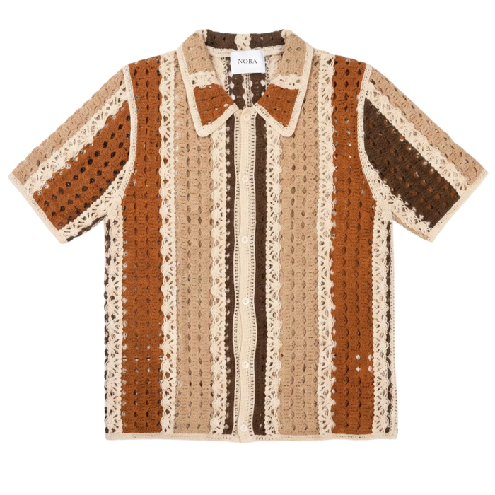 Women's Crochet Stripe Shirt Short Sleeve with Collar