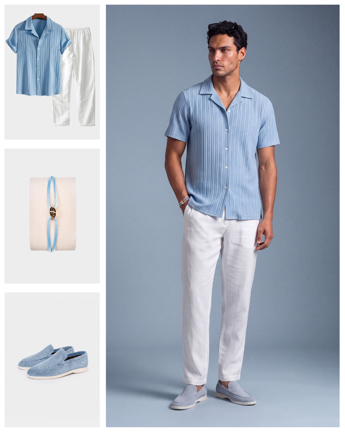 Men's Striped Short Sleeve Shirt and Pants Set with Button Front