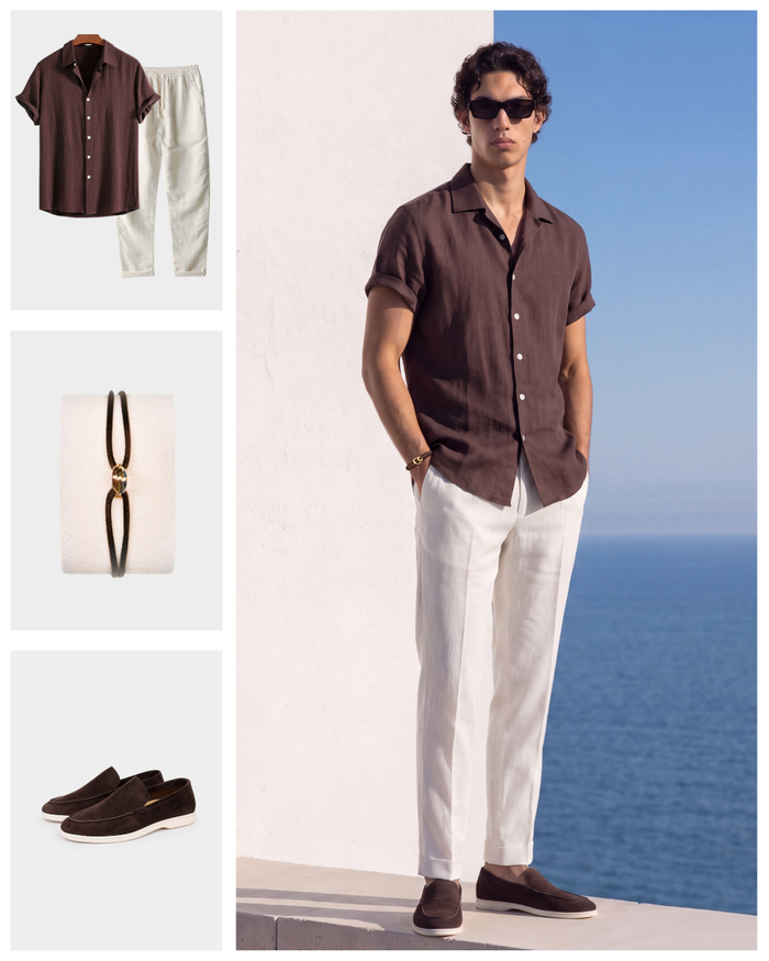 Men's Short Sleeve Shirt and Pants Outfit Set with Loafers