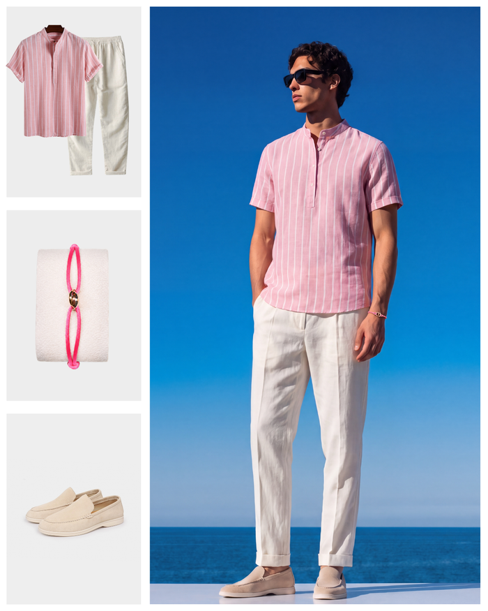 Men's Pink Striped Shirt and White Pants Set