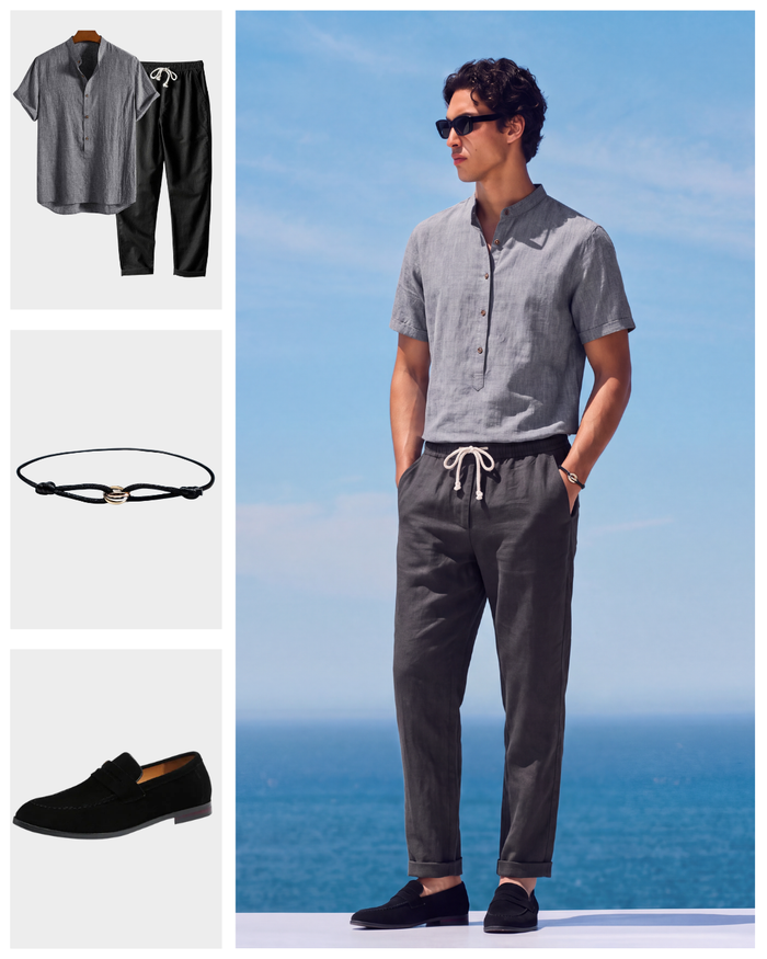 Men's Short-Sleeve Shirt and Trousers Set with Loafers