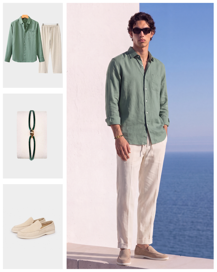 Men's Linen Shirt and Pants Set Button-Up Collar