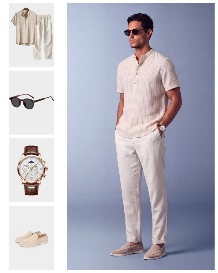 Men's Striped Short Sleeve Shirt and Pants Set Beige
