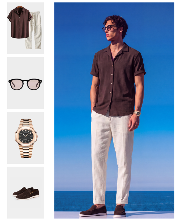 Men's Short Sleeve Shirt and Pants Set with Button Front