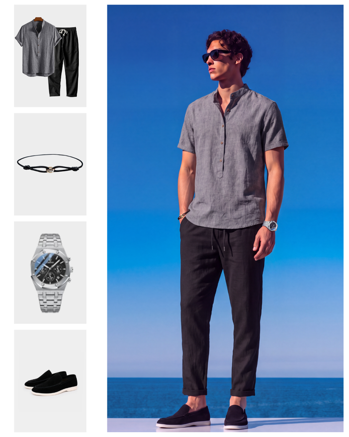 Men's Short-Sleeve Shirt and Drawstring Pants Set