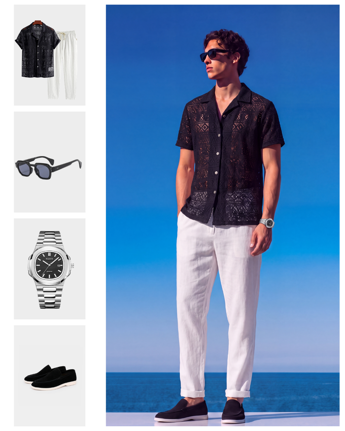 Men's Short-Sleeve Button-Down Shirt with Geometric Cutout