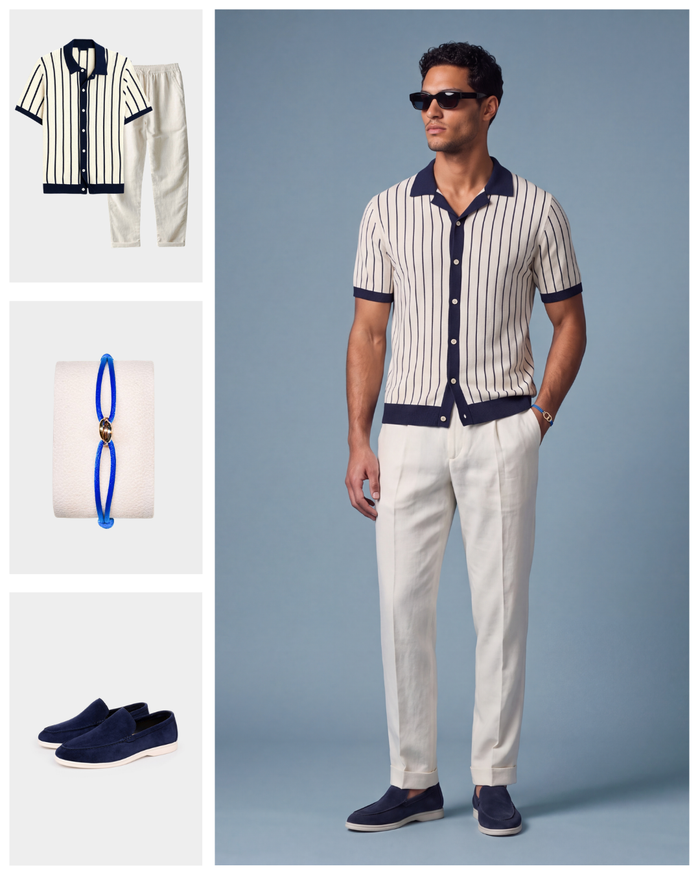 Men's Vertical Stripe Knit Shirt with Contrast Collar