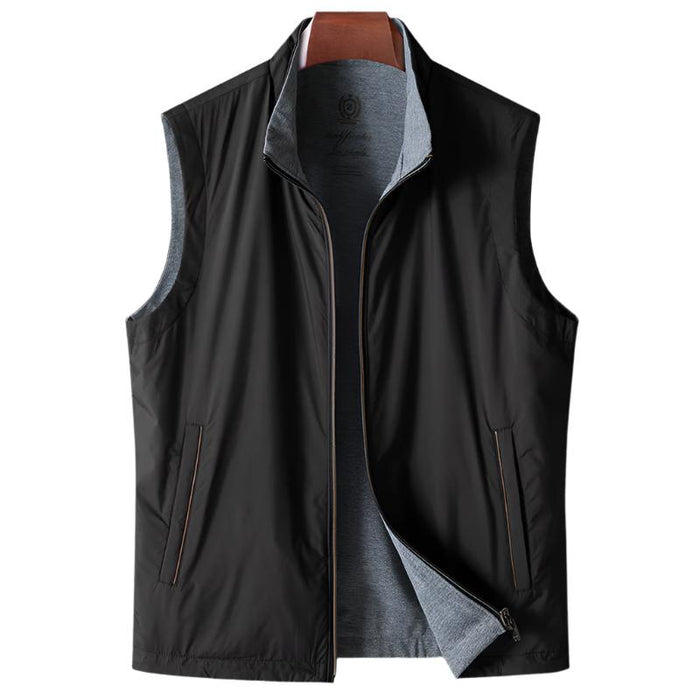 Men's Sleeveless Jacket with Stand Collar and Zip Pockets