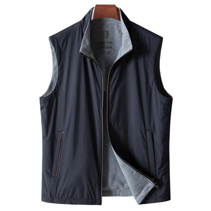 Men's Sleeveless Jacket with Stand Collar and Zip Pockets