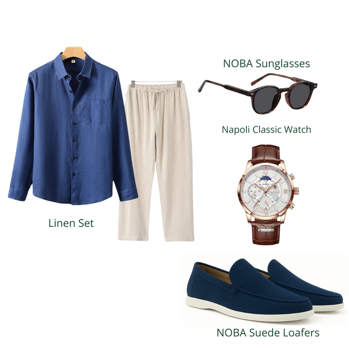 Men's Two-Piece Linen Shirt Pants Set with Long Sleeves