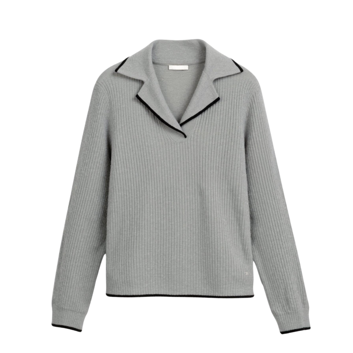 Women's Ribbed Sweater with Lapel Collar and Contrast Trim