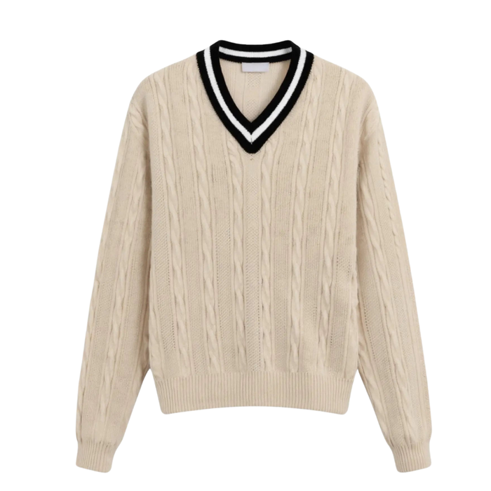 Women's Cable Knit V-Neck Sweater with Contrast Stripe Trim