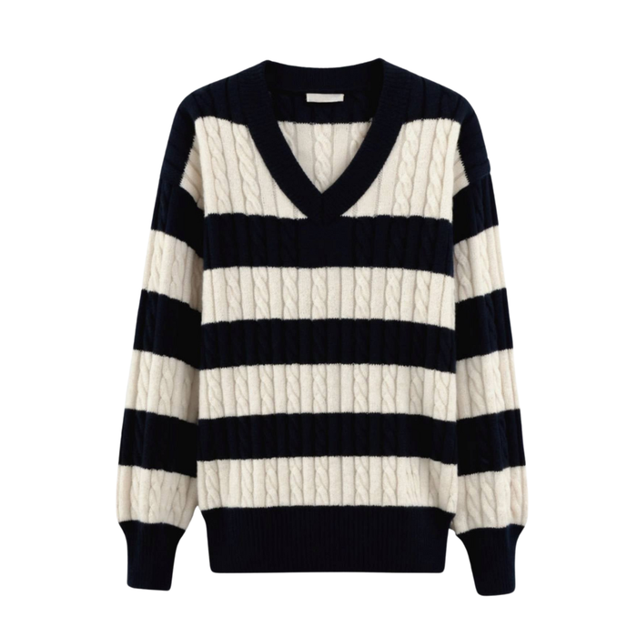 Women's Cable Knit Striped V-Neck Sweater Drop Shoulder