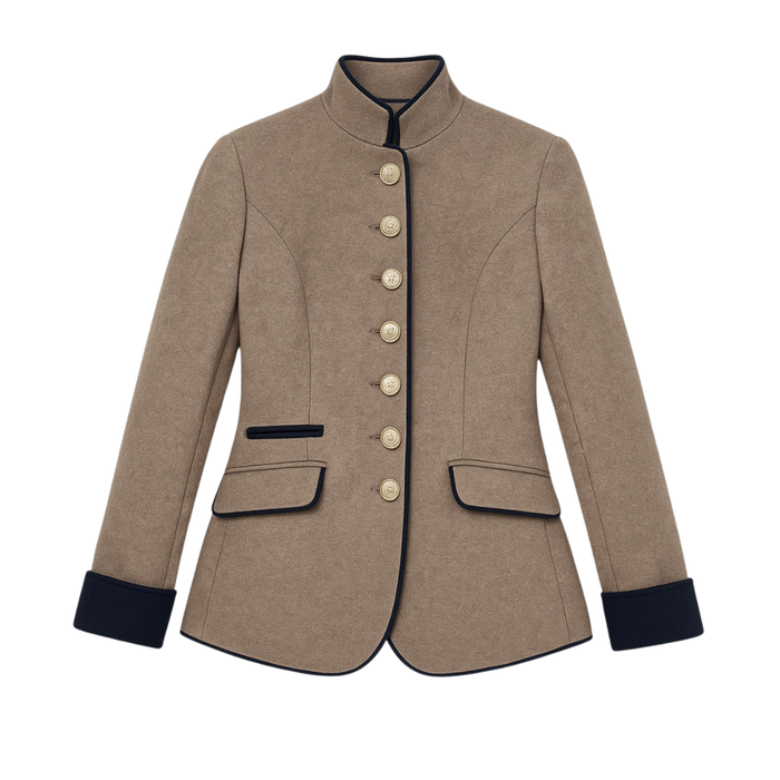 Women's Stand Collar Tailored Jacket with Gold Buttons