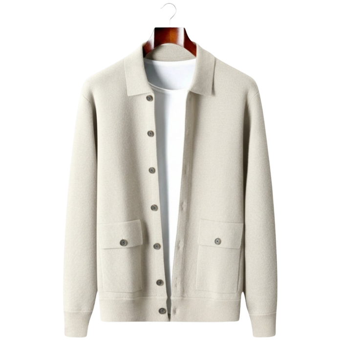 Men's Button-Front Cardigan with Ribbed Cuffs and Hem