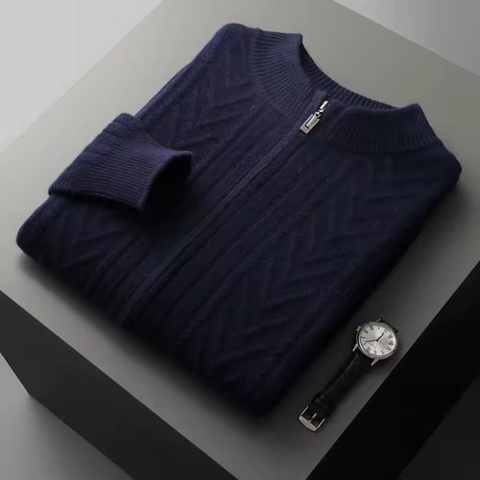 Men's Cable-Knit Zip-Up Cardigan with Ribbed Collar